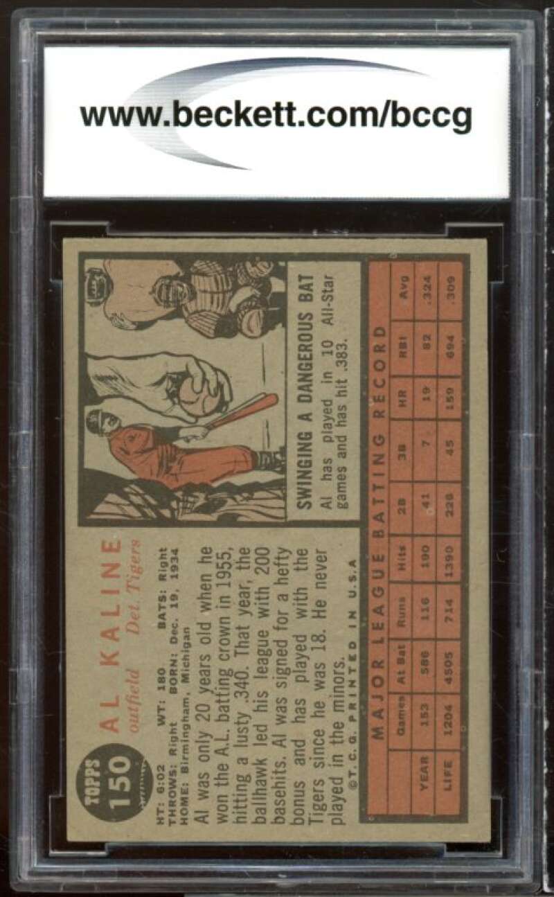 1962 Topps #150 Al Kaline Card BGS BCCG 8 Excellent+ Image 2