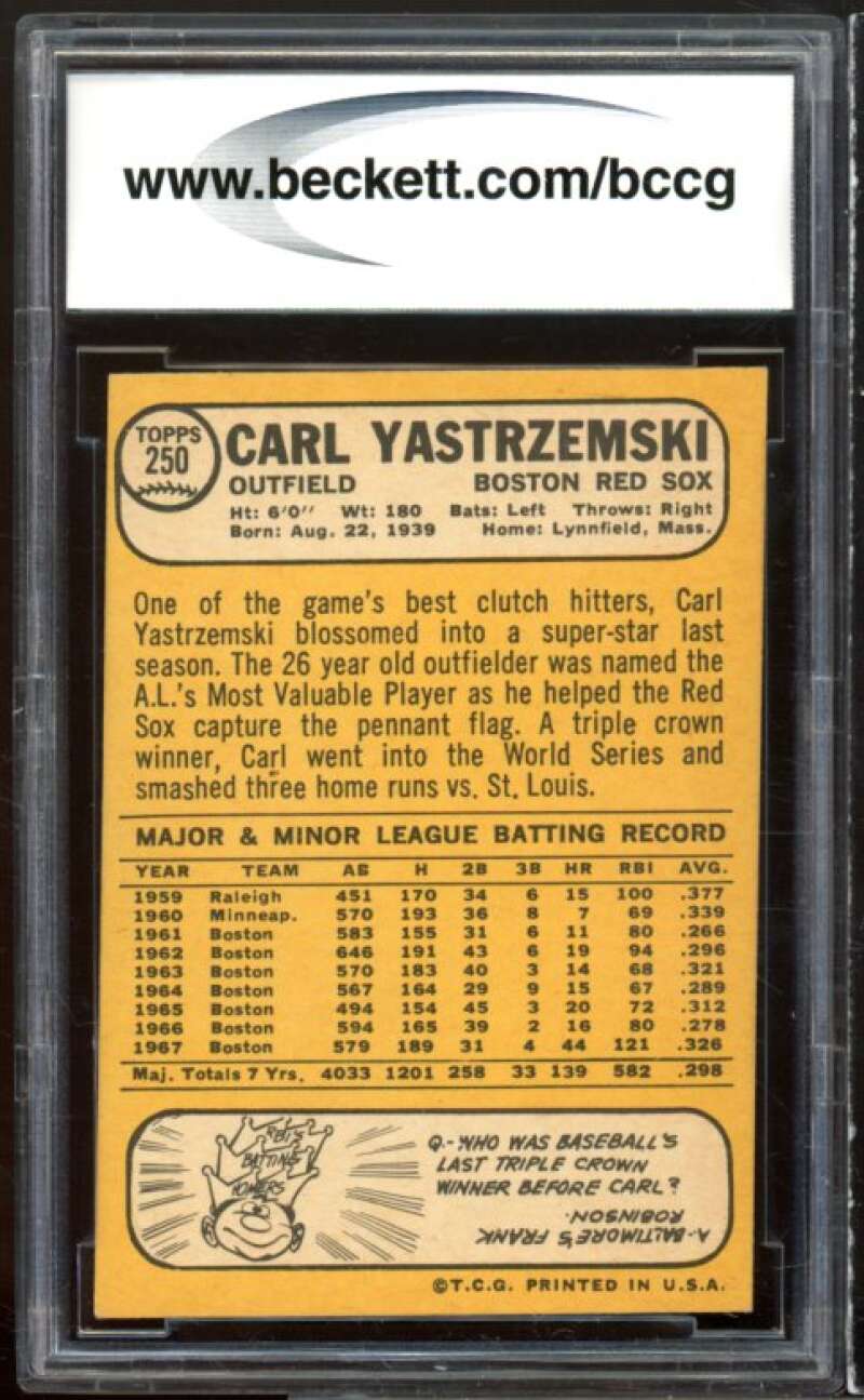 1968 Topps #250 Carl Yastrzemski Card BGS BCCG 7 Very Good+ Image 2