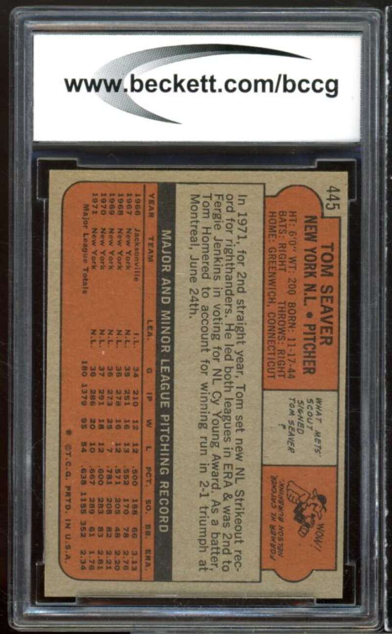 1972 Topps #445 Tom Seaver Card BGS BCCG 9 Near Mint+ Image 2