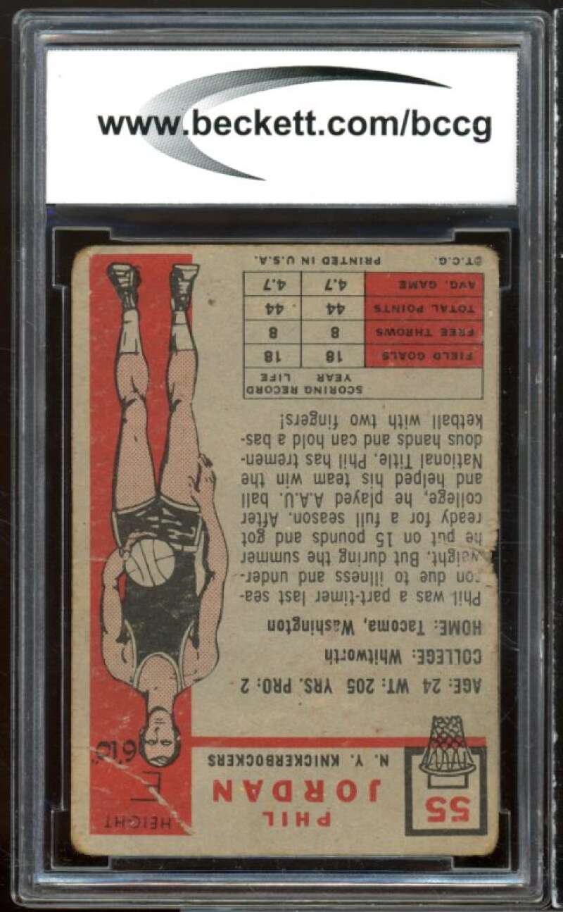 1957-58 Topps #55 Phil Jordan Card BGS BCCG 5 Poor Image 2