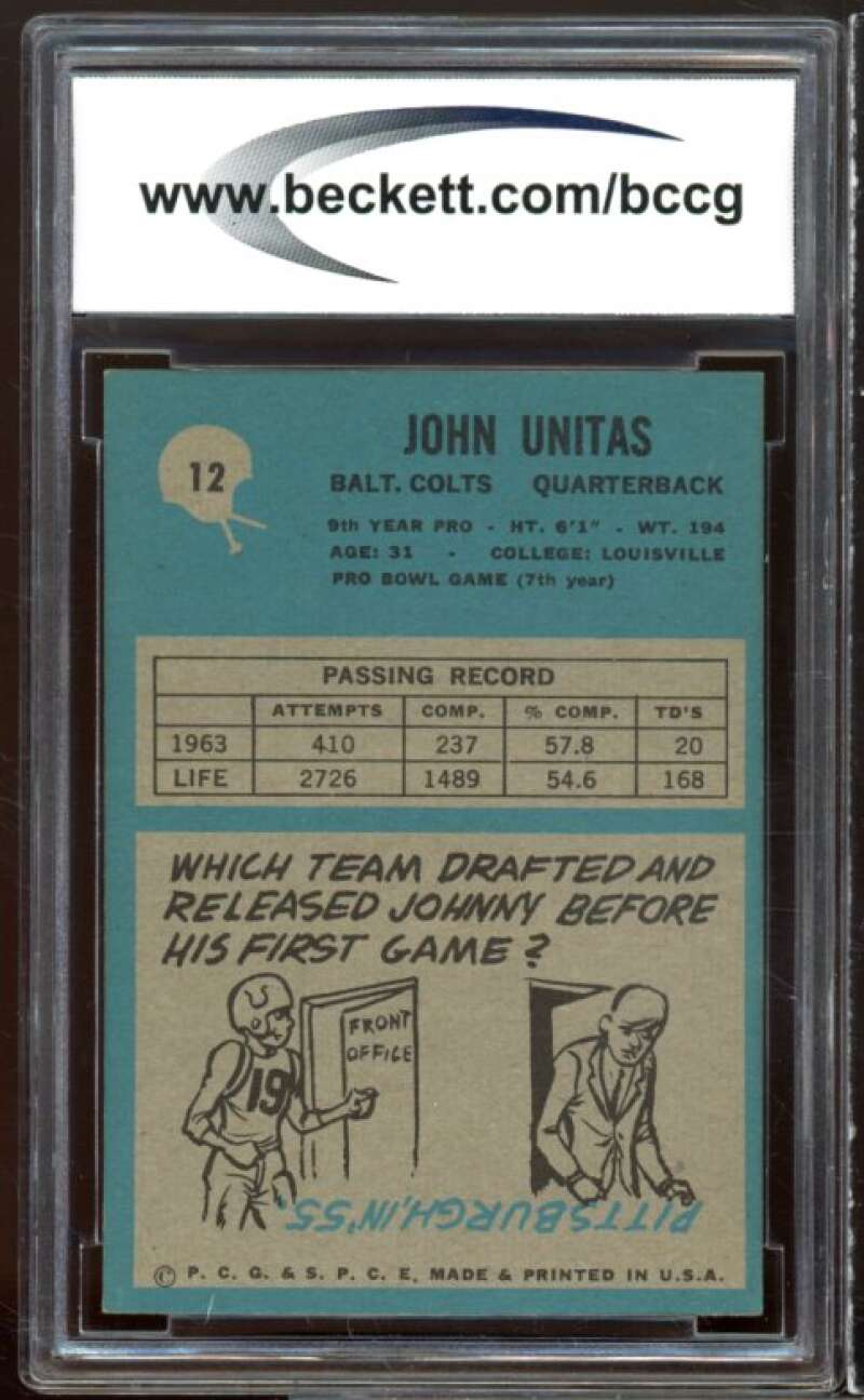 1964 Philadelphia #12 John Unitas Card BGS BCCG 8 Excellent+ Image 2