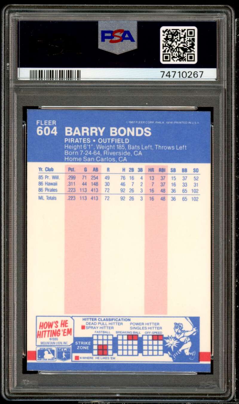 Barry Bonds Rookie Card 1987 Fleer #604 PSA 9 Image 2