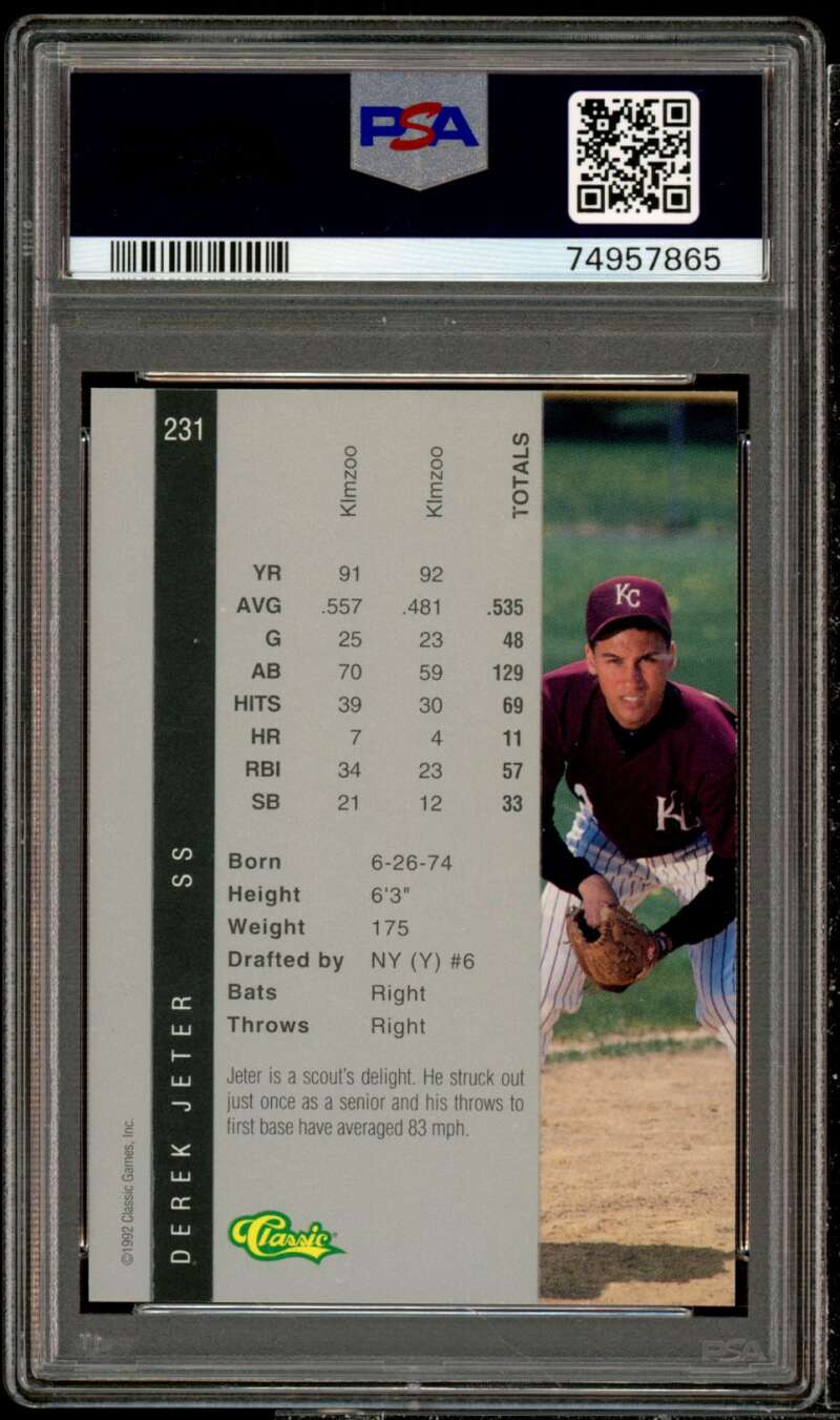 Derek Jeter Rookie Card 1992 Classic 4 Sport #231 PSA 9 Image 2