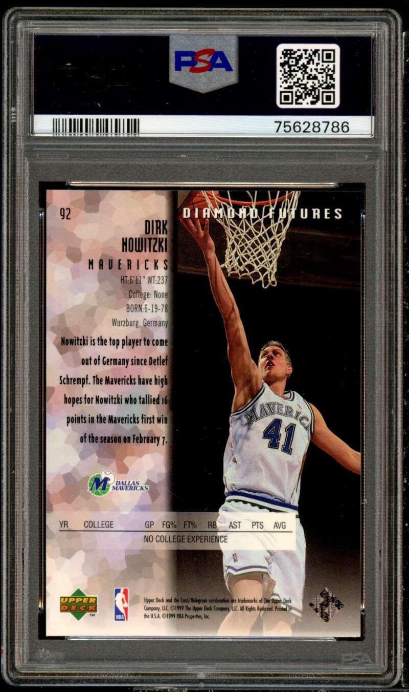 Dirk Nowitzki Rookie Card 1998-99 UD Black Diamond #92 PSA 9 Image 2