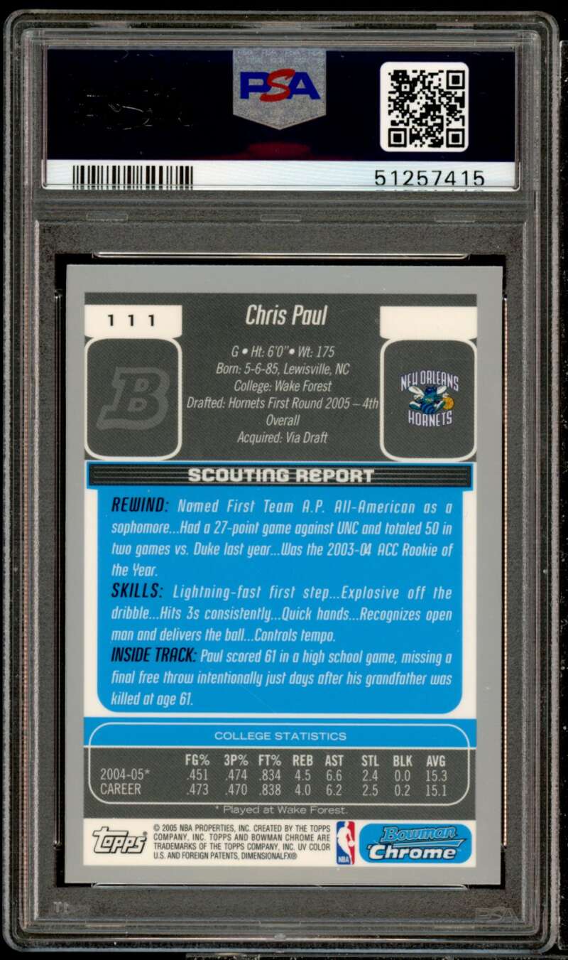 Chris Paul Rookie Card 2005-06 Bowman Chrome #111 PSA 9 Image 2