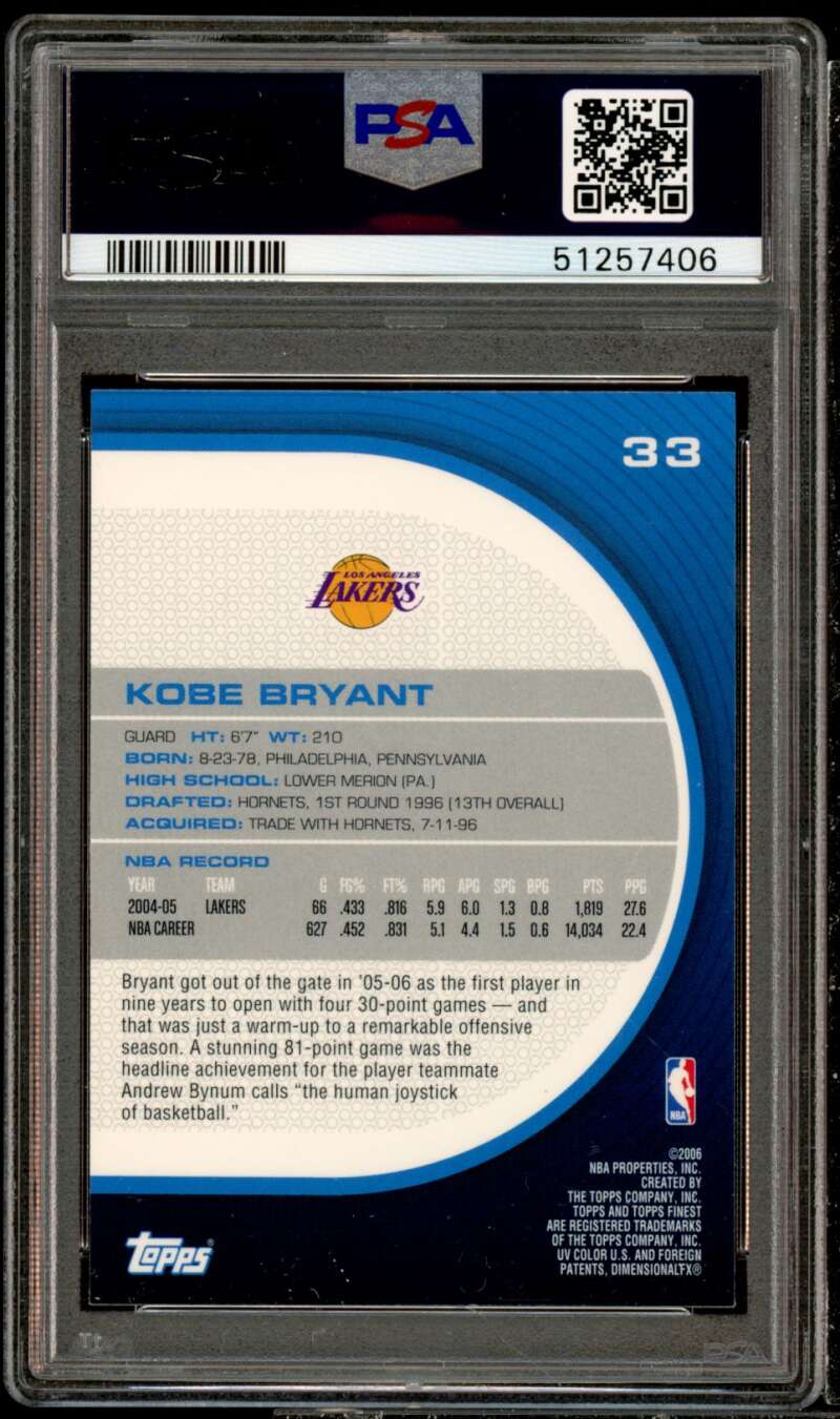 Kobe Bryant Card 2005-06 Finest #33 PSA 10 Image 2
