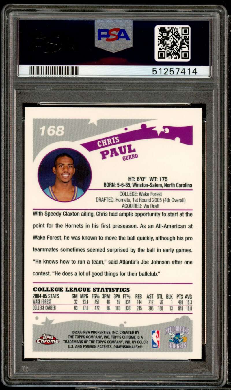 Chris Paul Rookie Card 2005-06 Topps Chrome #168 PSA 9 Image 2