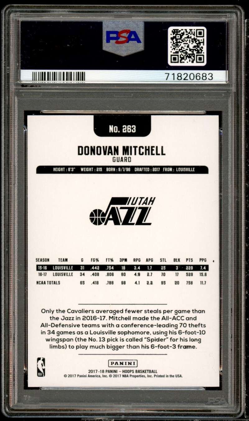 Donovan Mitchell Rookie Card 2017-18 Panini Hoops Platinum #263 PSA 9 Image 2