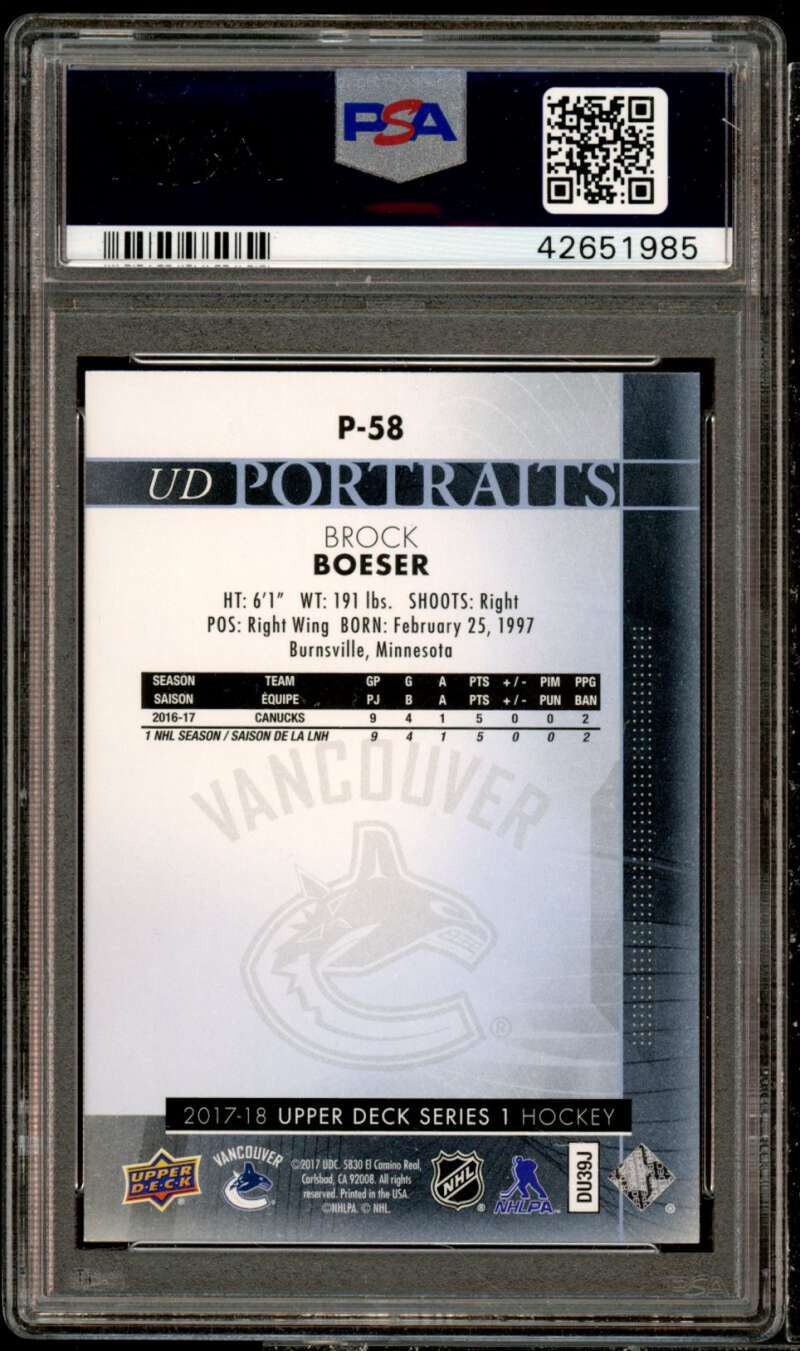 Brock Boeser Rookie Card 2017-18 Upper Deck UD Portraits #P-58 PSA 10 Image 2