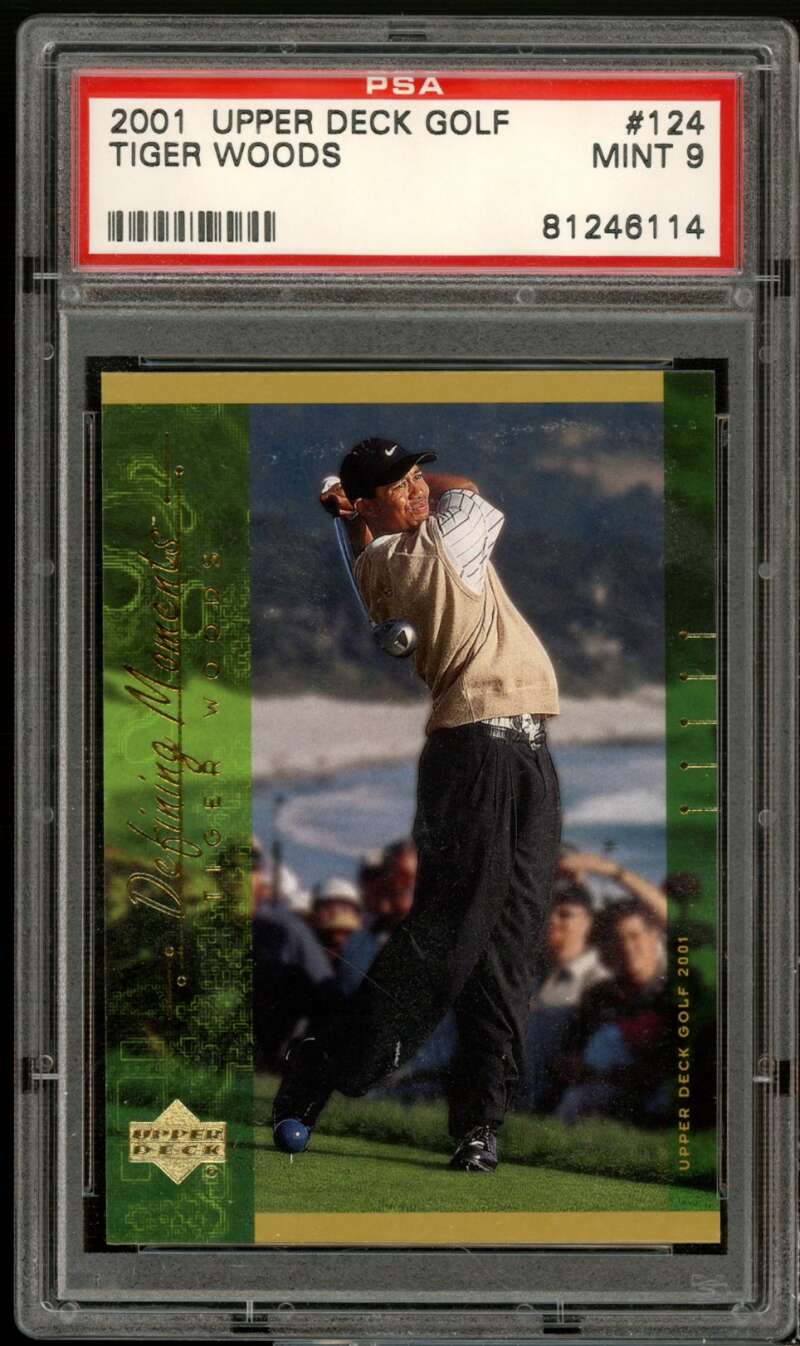 Tiger Woods Rookie Card 2001 Upper Deck Golf Defining Moments #124 PSA 9 Image 1