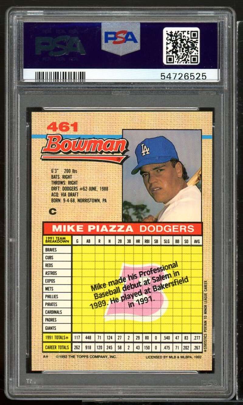 Mike Piazza Rookie Card 1992 Bowman #461 PSA 10 Image 2