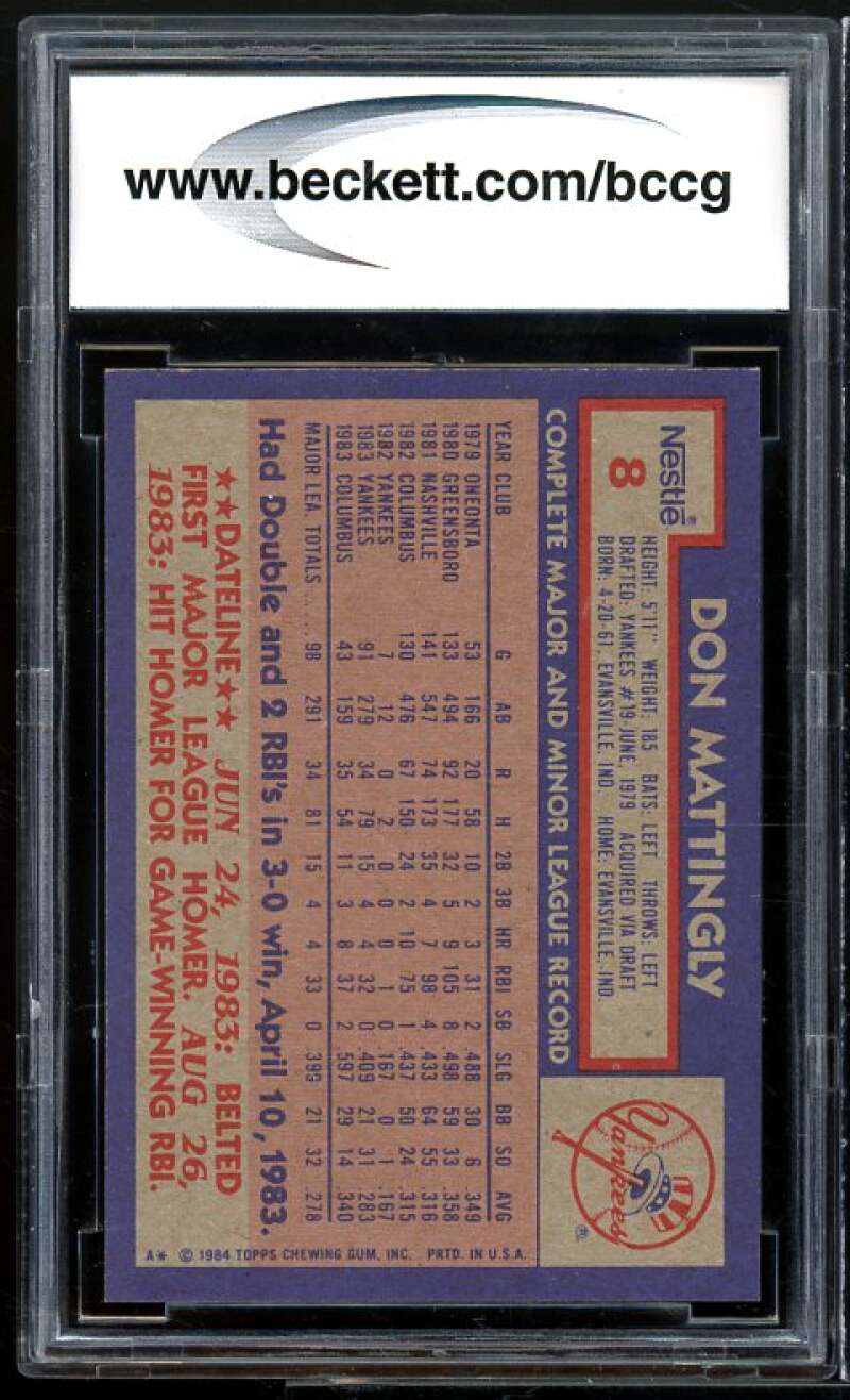 1984 Topps Nestle #8 Don Mattingly Rookie Card BGS BCCG 10 Mint+ Image 2