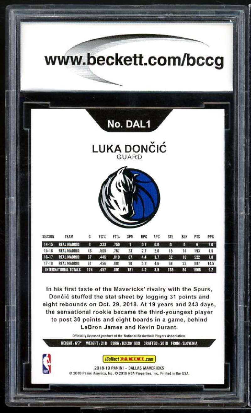 2018-19 Hoops SGA #DAL1 Luka Doncic Rookie Card Graded BCCG BGS 10 Mint+ Image 2