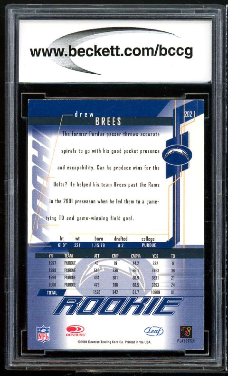 2001 Leaf Rookies and #202 Drew Brees Rookie Card BGS BCCG 9 Near Mint+ Image 2