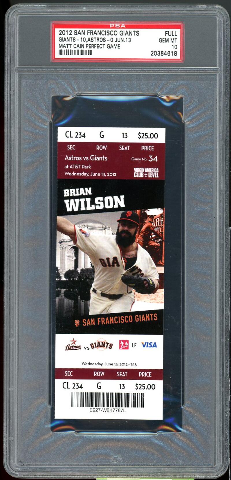 2012 San Francisco Giants Perfect Game Full Ticket Stub 6/13/2012 PSA 10

 Image 1