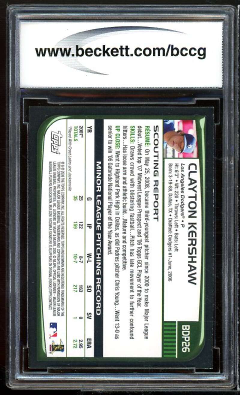 2008 Bowman Draft #BDP26 Clayton Kershaw Rookie Card BGS BCCG 10 Mint+ Image 2