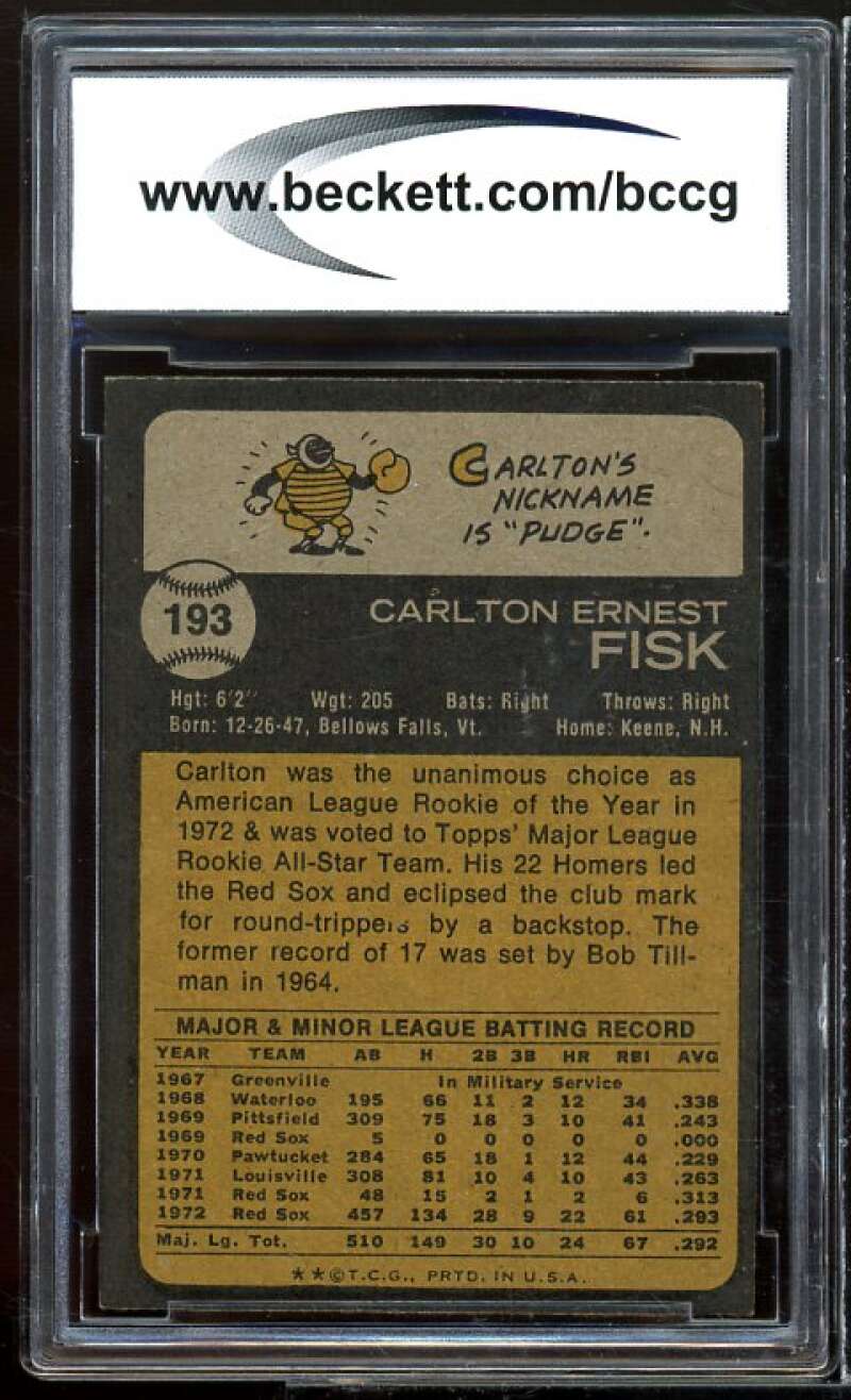 1973 Topps #193 Carlton Fisk Card BGS BCCG 8 Excellent+ Image 2