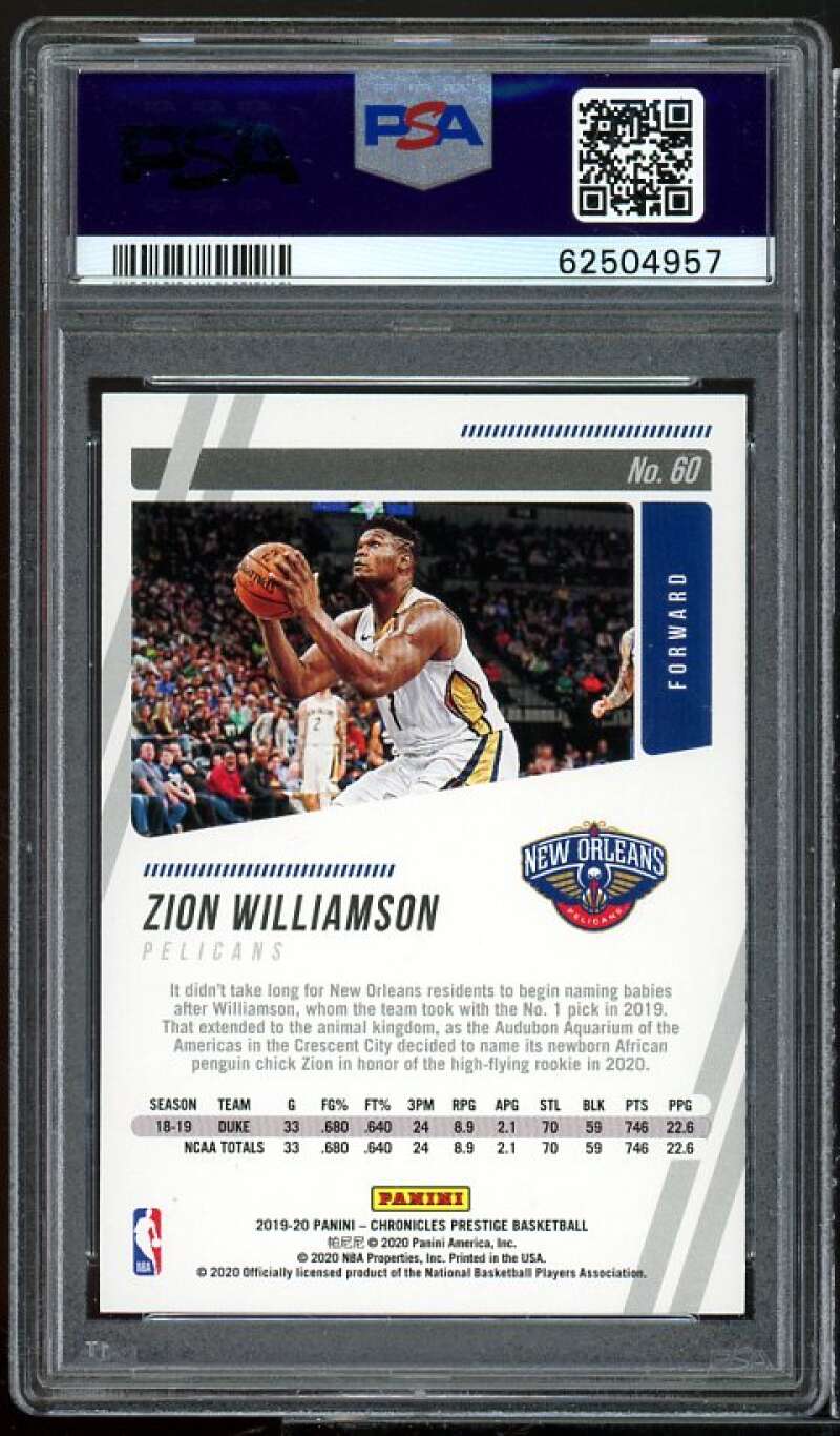 Zion Williamson Rookie Card 2019-20 Panini Chronicles Green #60 PSA 10 Image 2