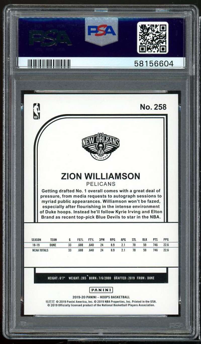 Zion Williamson Rookie Card 2019-20 Panini Hoops #258 PSA 10 Image 2