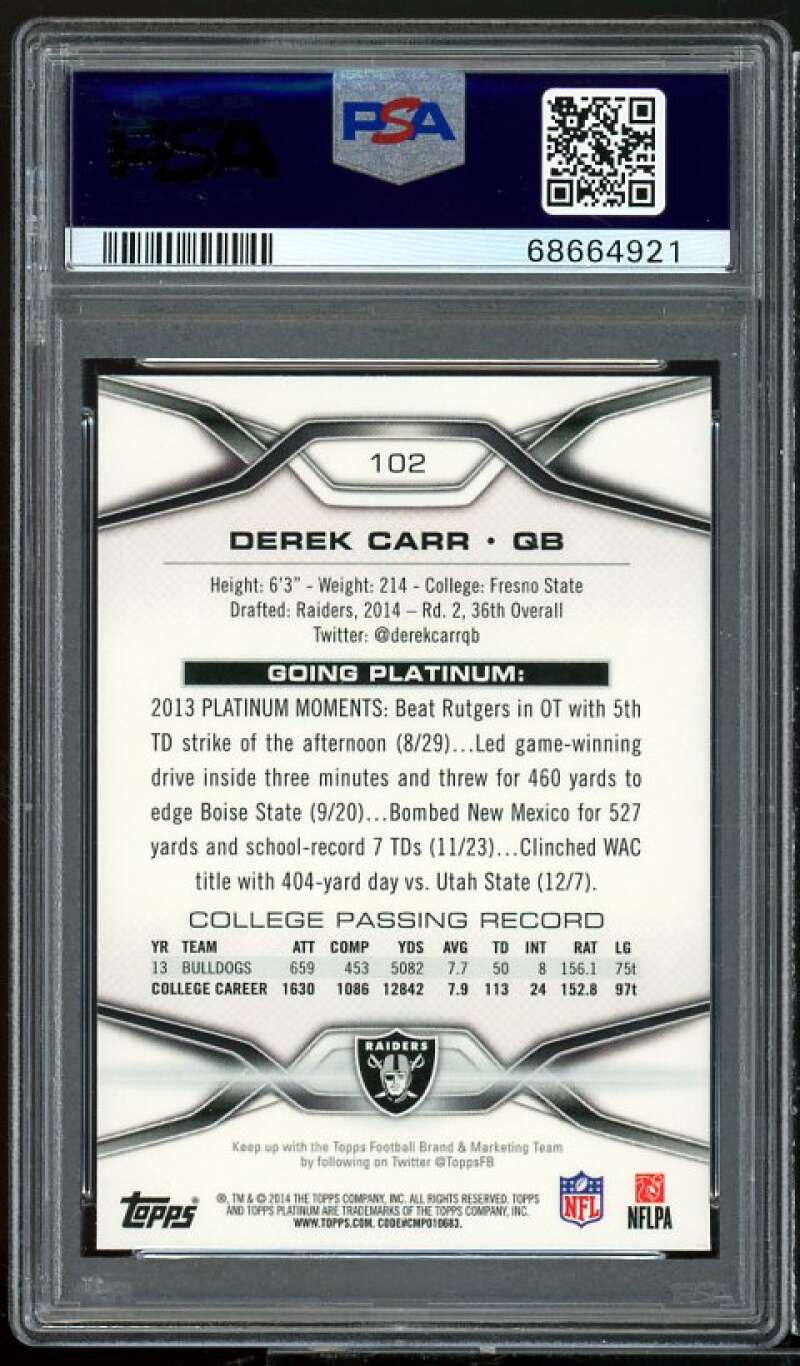 Derek Carr Rookie Card 2014 Topps Platinum #102 PSA 10 Image 2