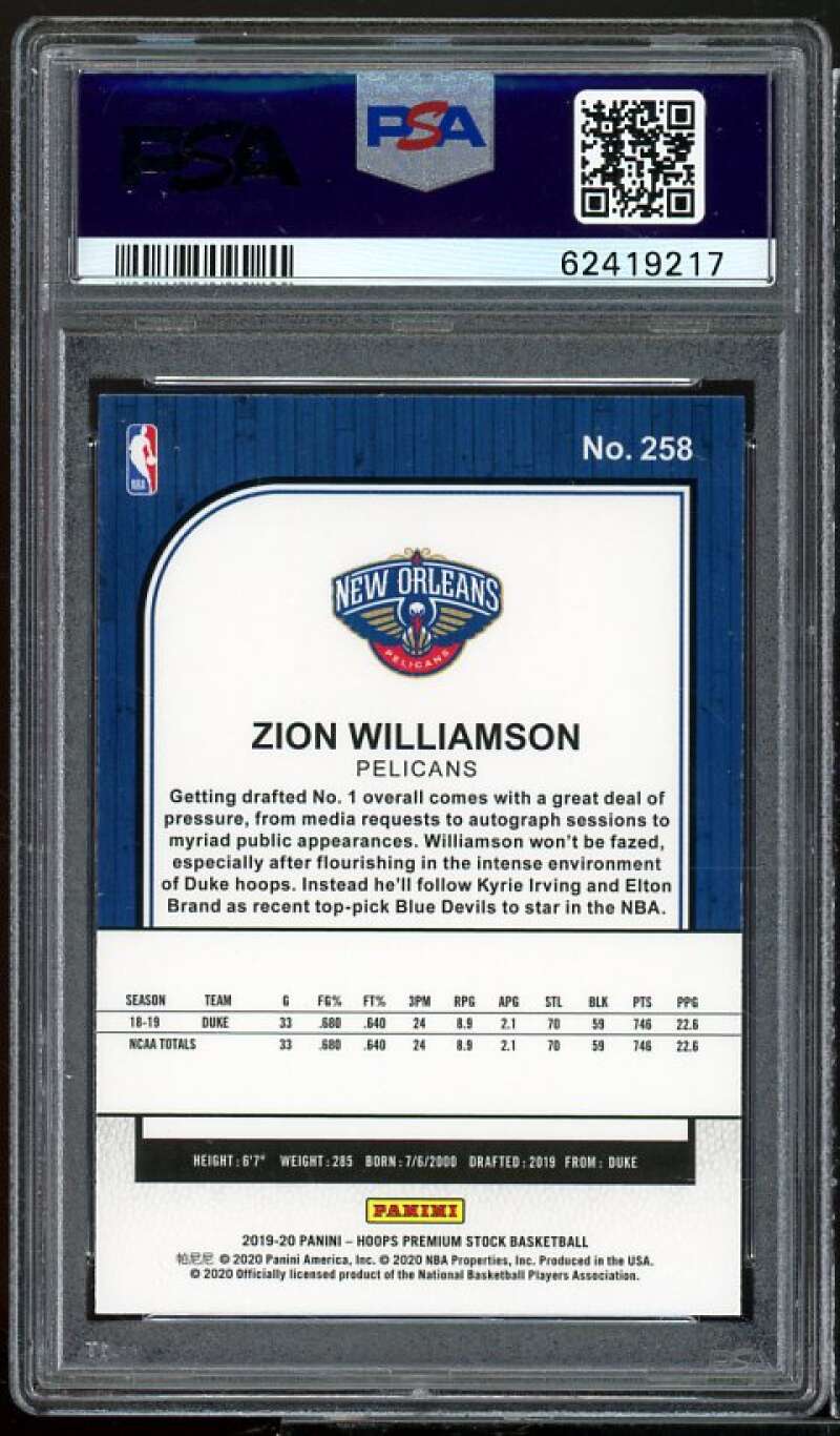 Zion Williamson Rookie Card 2019-20 Hoops Premium Stock #258 PSA 10 Image 2