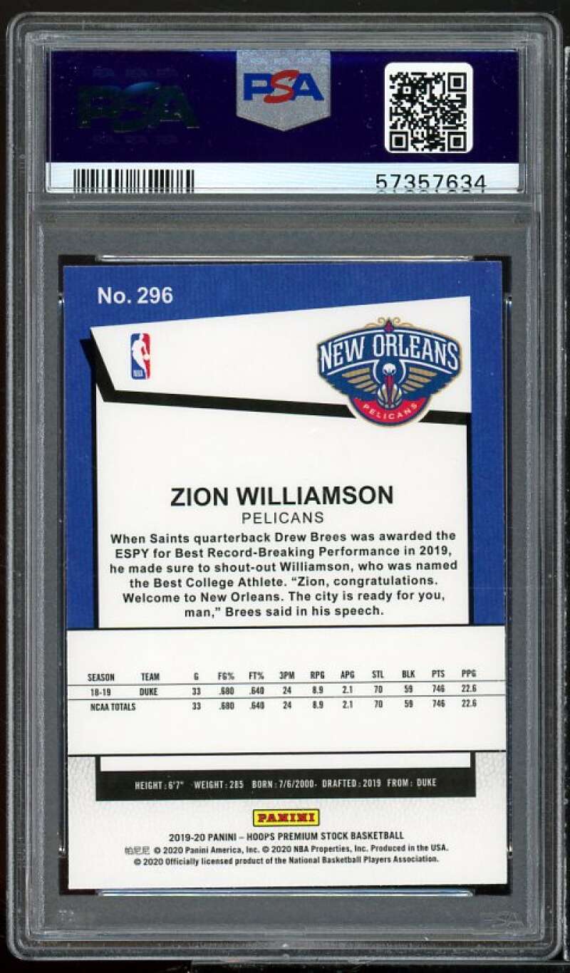 Zion Williamson Rookie Card 2019-20 Hoops Premium Stock #296 PSA 10 Image 2