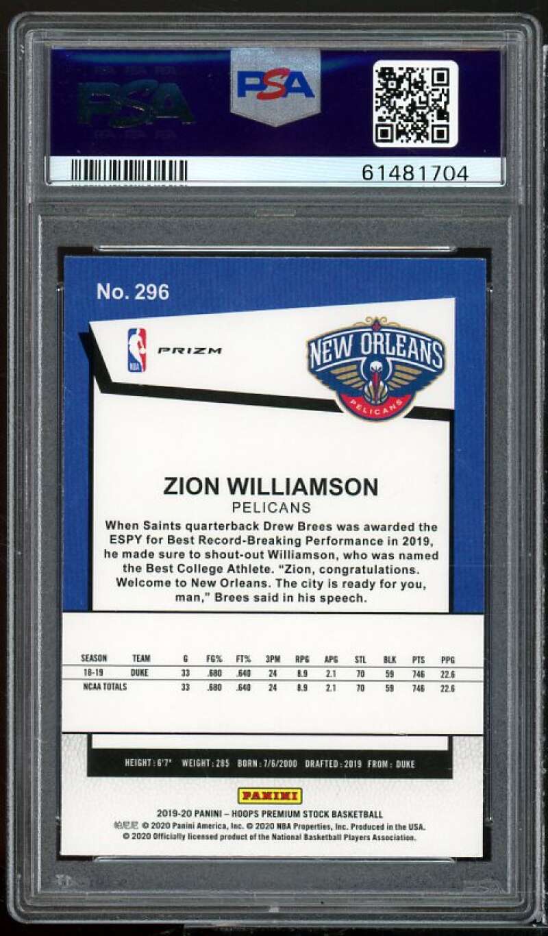 Zion Williamson Rookie Card 2019-20 Hoops Premium Stock Pulsar #296 PSA 10 Image 2