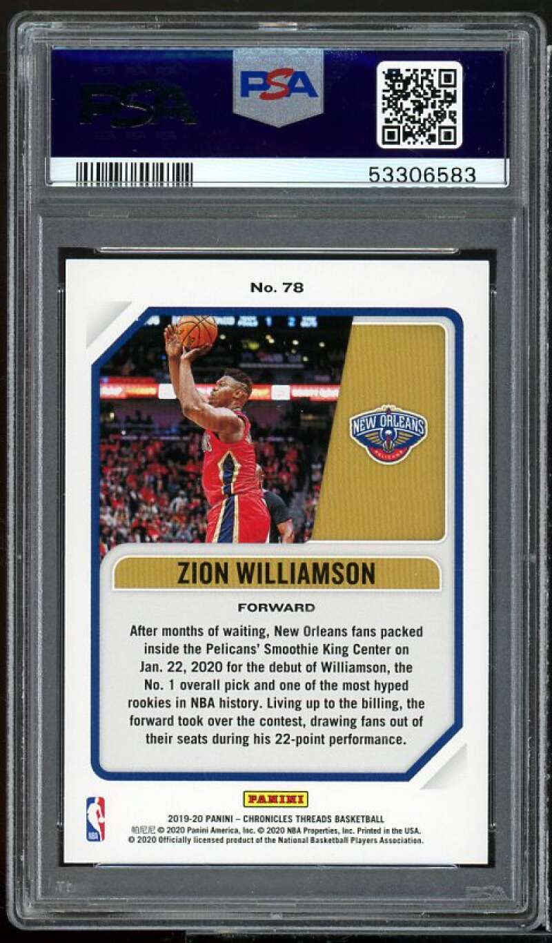 Zion Williamson Rookie Card 2019-20 Panini Chronicles Bronze #78 PSA 10 Image 2
