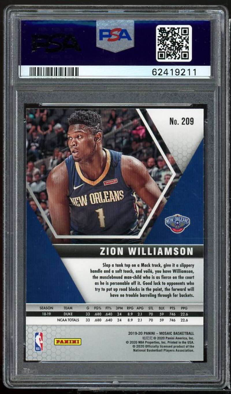 Zion Williamson Rookie Card 2019-20 Panini Mosaic #209 PSA 10 Image 2