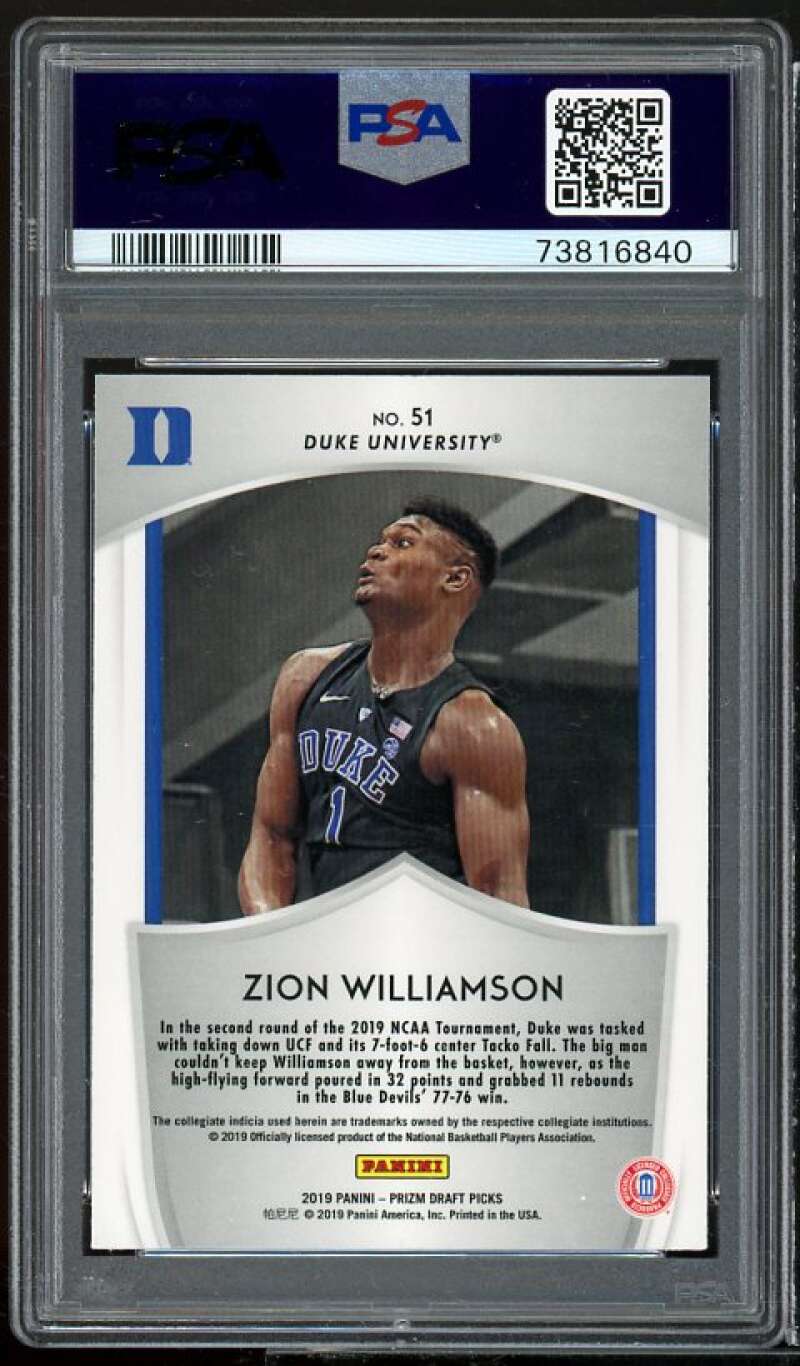 Zion Williamson Rookie Card 2019-20 Panini Prizm Draft Picks #51 PSA 10 Image 2
