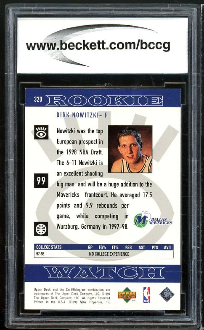 1998-99 Upper Deck #320 Dirk Nowitzki Rookie Card BGS BCCG 10 Mint+ Image 2