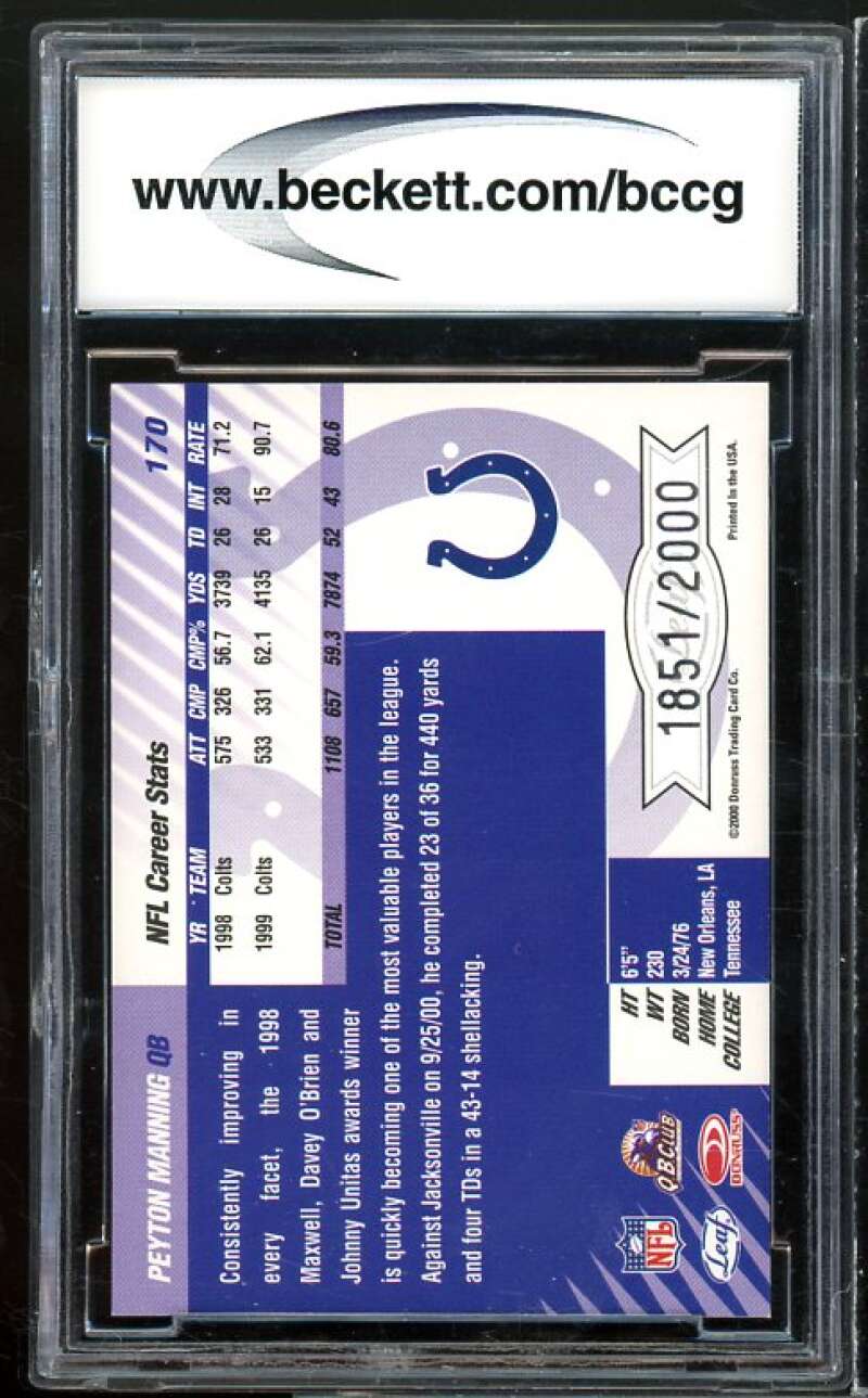 2000 Leaf Limited #170 Peyton Manning Card BGS BCCG 10 Mint+ Image 2
