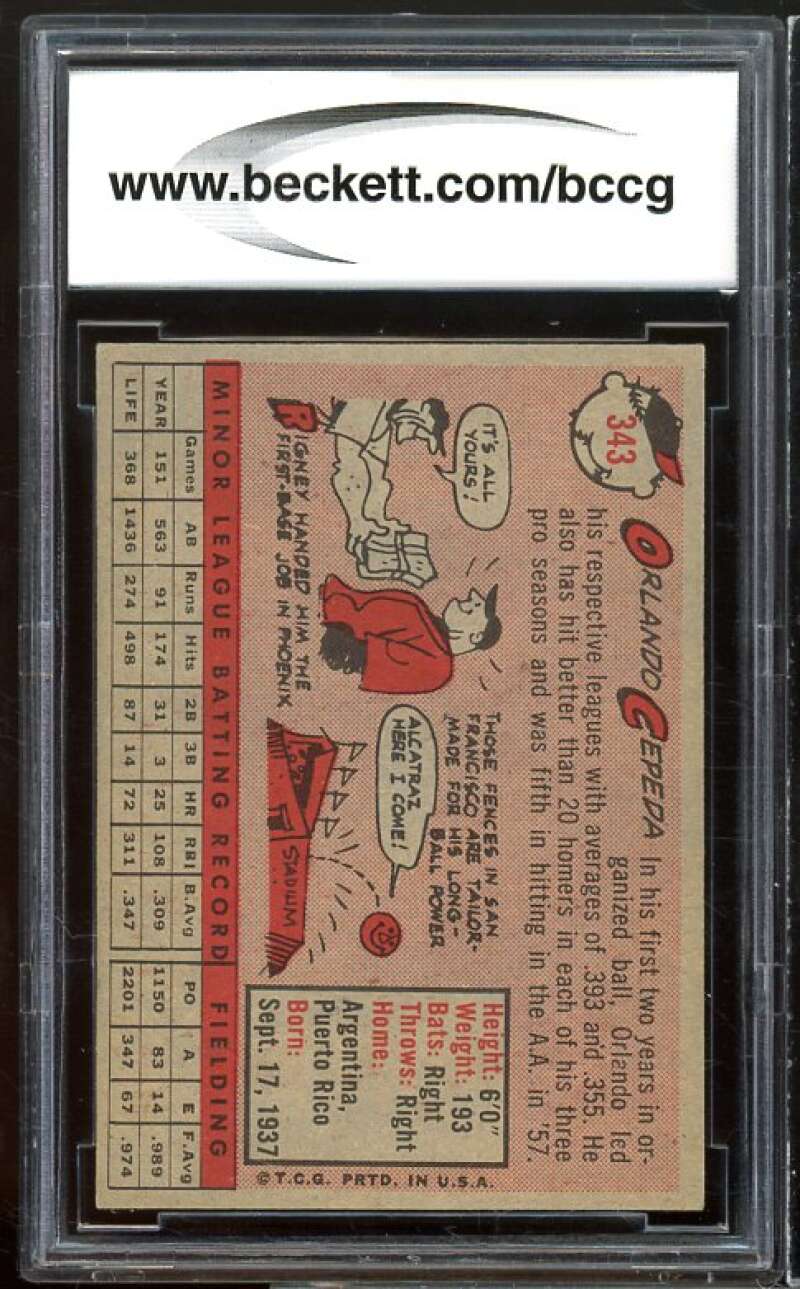 1958 Topps #343 Orlando Cepeda Rookie Card BGS BCCG 9 Mint+ Image 2