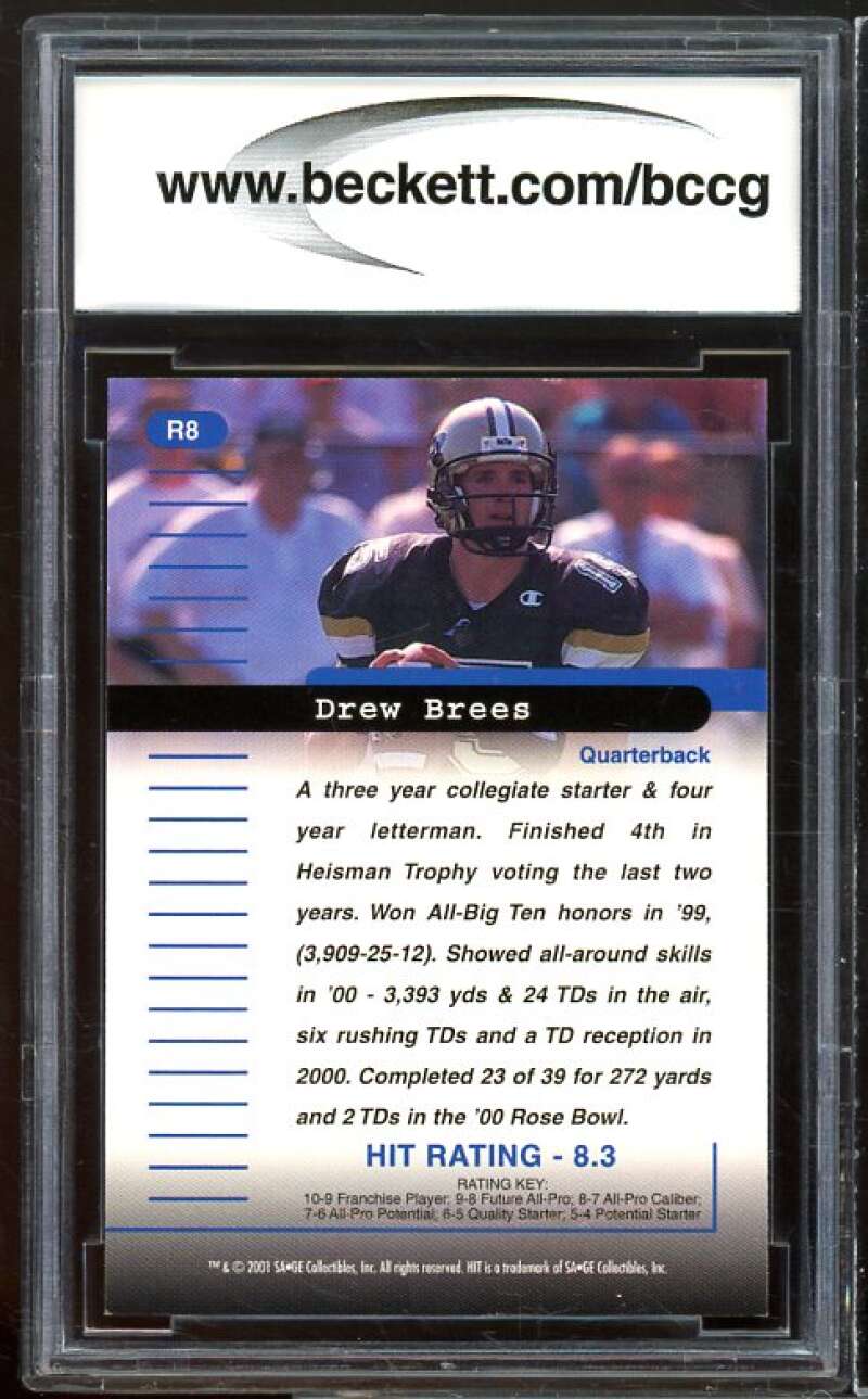 2001 Sage Hit Rarefield #R8 Drew Brees Rookie Card BGS BCCG 10 Mint+ Image 2