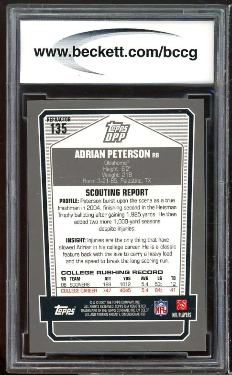 2007 Topps Prospects Chrome Black Ref #135 Adrian Peterson RC BGS BCCG 10 Mint+ Image 2