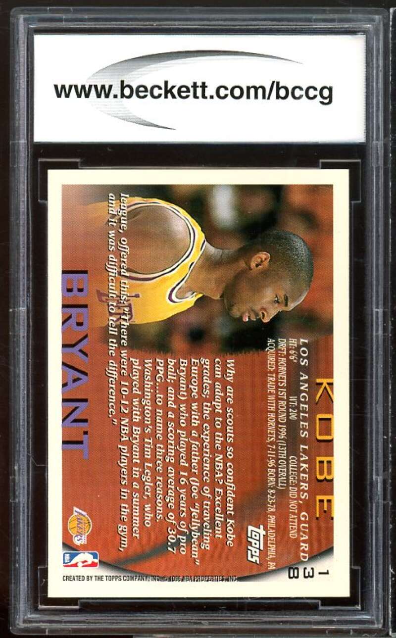 1996-97 Topps #138 Kobe Bryant Rookie Card BGS BCCG 9 Near Mint+ Image 2