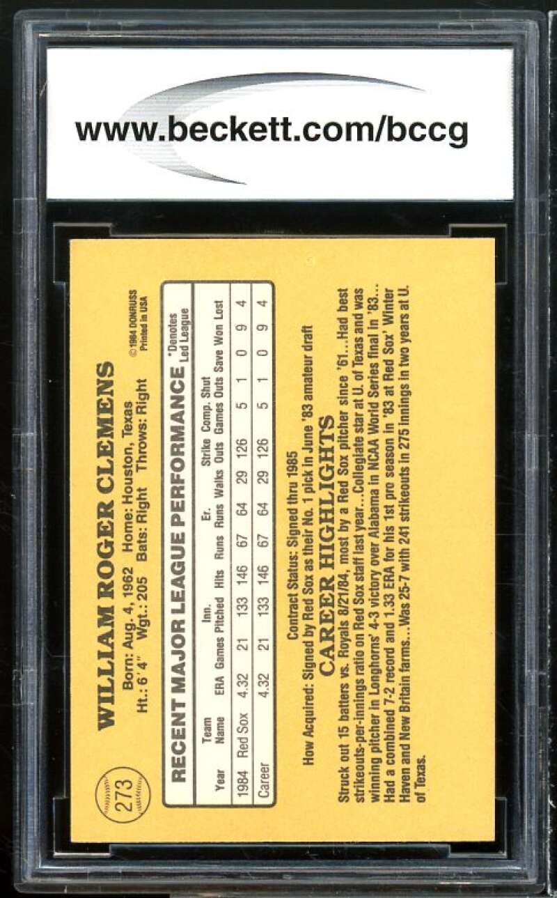 1985 Donruss #273 Roger Clemens Rookie Card BGS BCCG 9 Near Mint Image 2