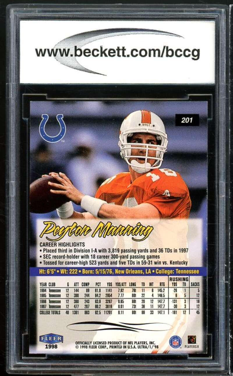 1998 Ultra #201 Peyton Manning Rookie Card BGS BCCG 10 Mint+ Image 2