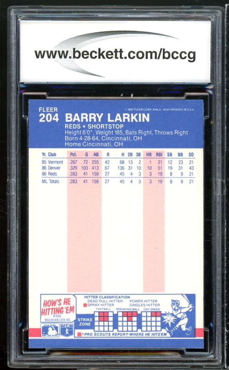 1987 Fleer Glossy #204 Barry Larkin Rookie Card BGS BCCG 9 Near Mint+ Image 2