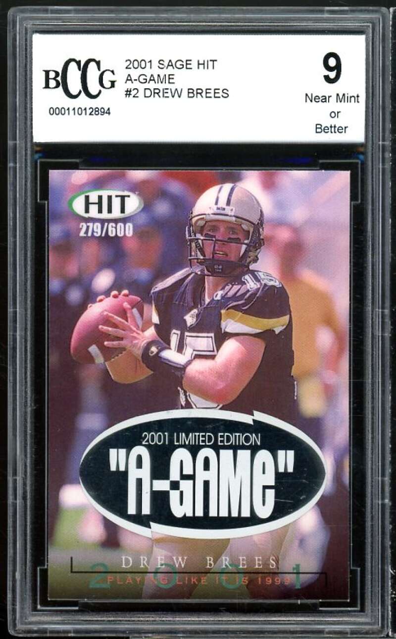 2001 Sage Hit A-Game #2 Drew Brees Rookie Card BGS BCCG 9 Near Mint+ Image 1