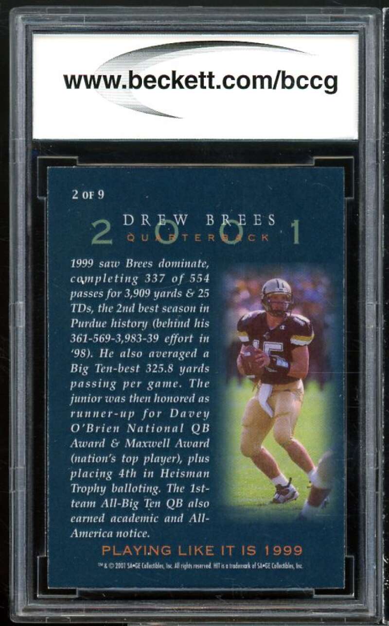 2001 Sage Hit A-Game #2 Drew Brees Rookie Card BGS BCCG 9 Near Mint+ Image 2
