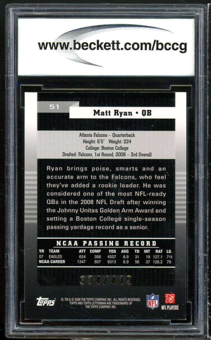 2008 Topps Letterman #51 Matt Ryan Rookie Card BGS BCCG 10 Mint+ Image 2