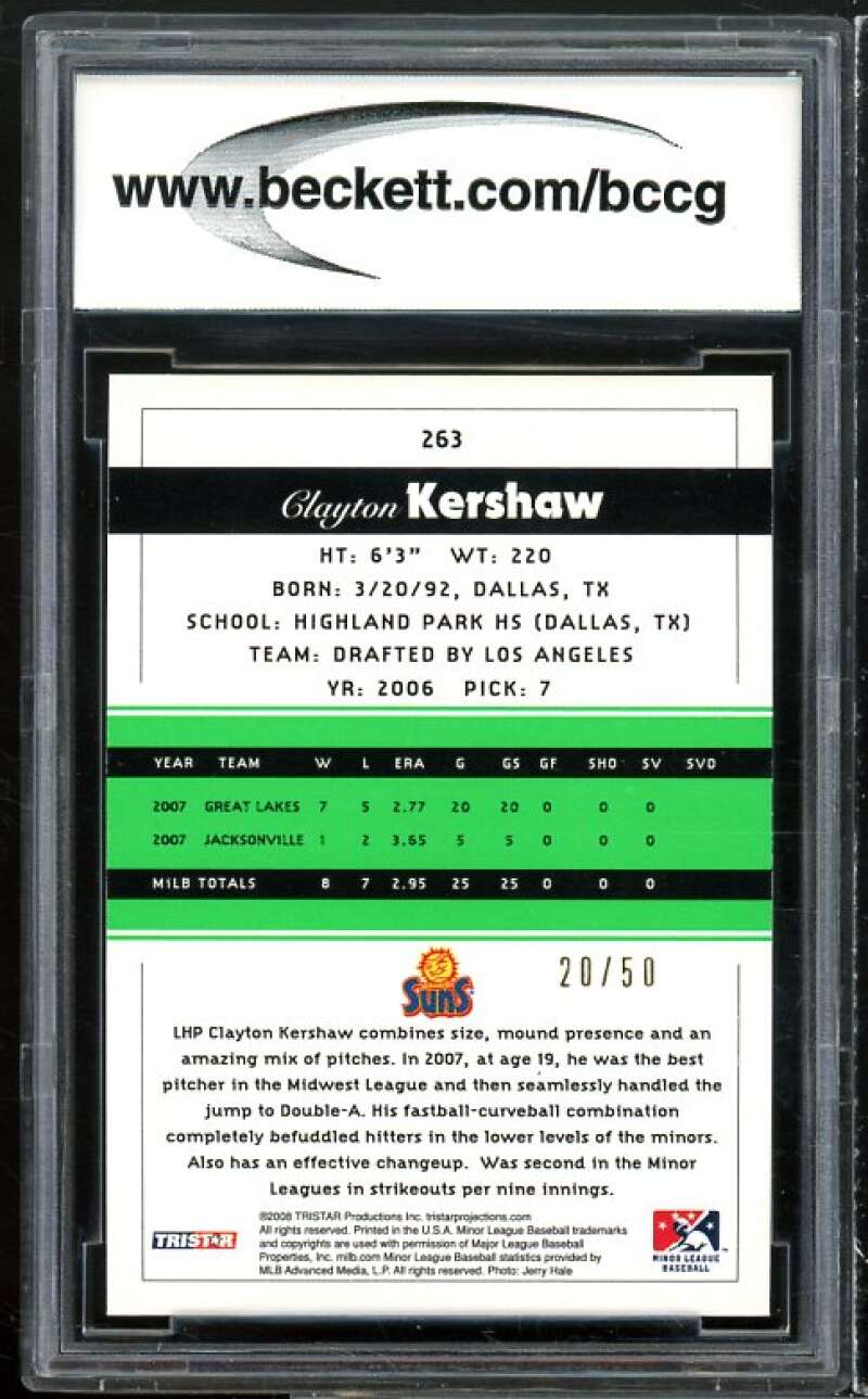 2008 Tristar Projections Green #263 Clayton Kershaw rookie (20/50) BGS BCCG 9 NM Image 2