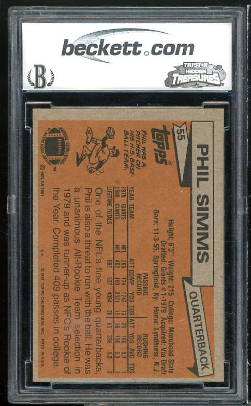 1981 Topps #55 Phil Simms Card BGS BCCG 10 Mint+ Image 2