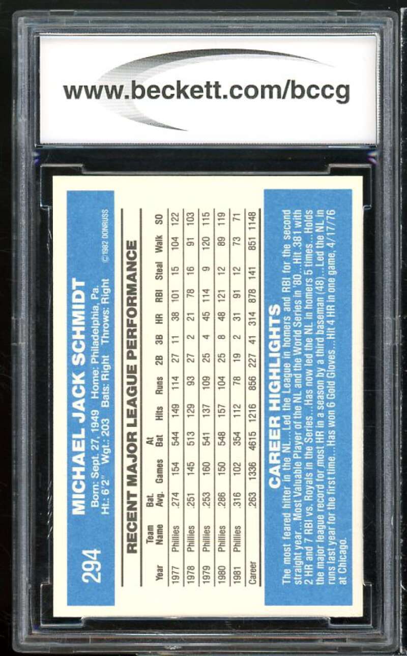 1982 Donruss #294 Mike Schmidt Card BGS BCCG 10 Mint+ Image 2