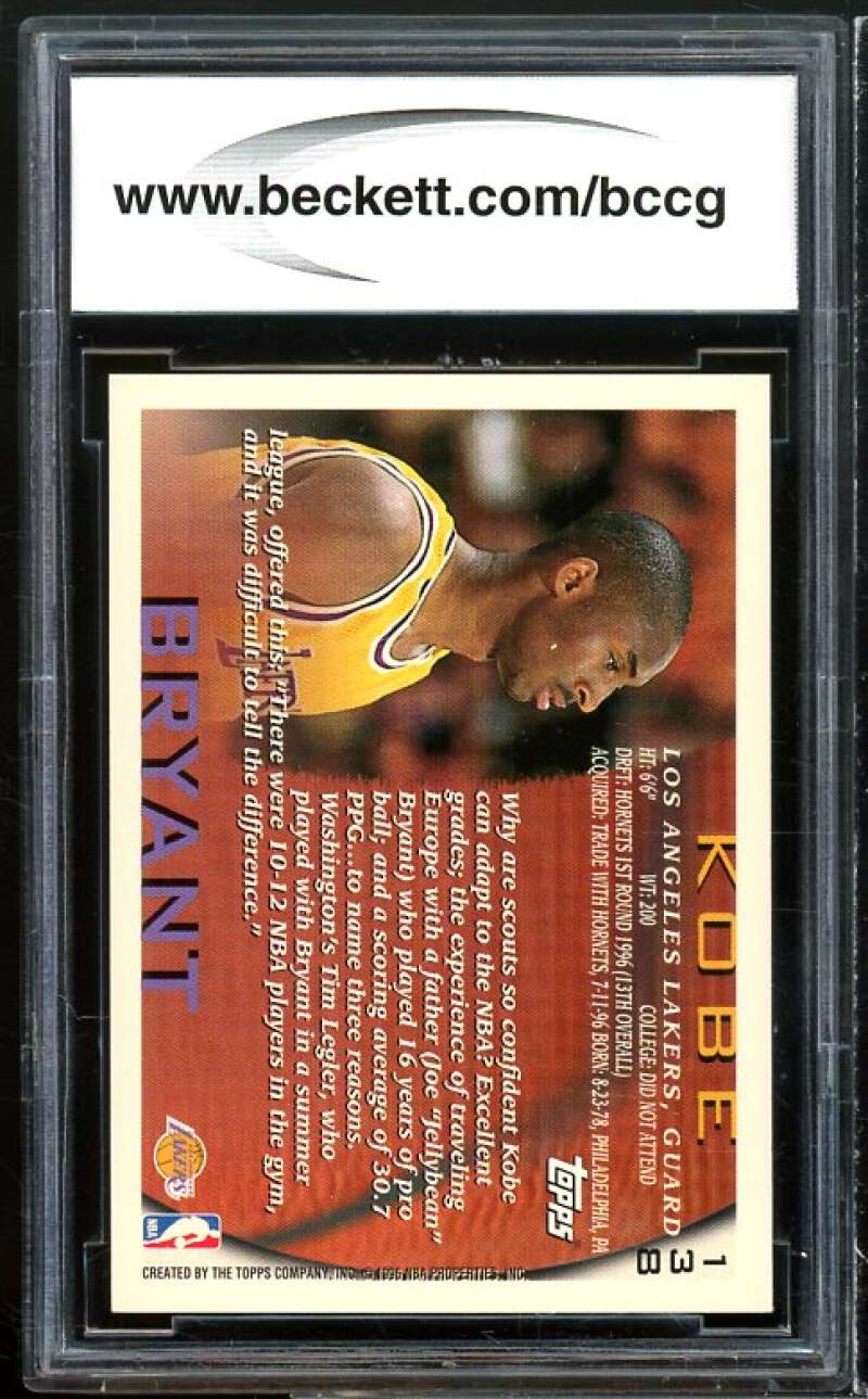 1996-97 Topps #138 Kobe Bryant Rookie Card BGS BCCG 9 Near Mint+ Image 2