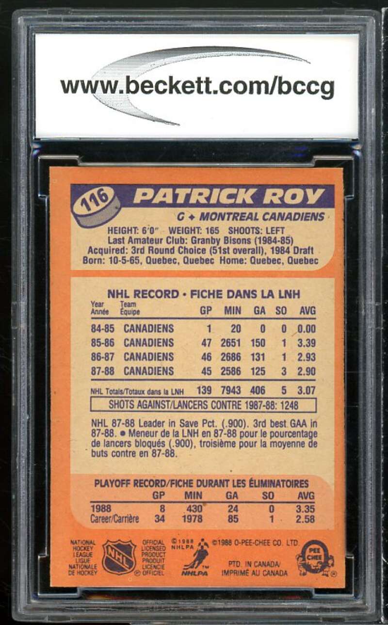 1988-89 O-Pee-Chee #116 Patrick Roy Card BGS BCCG 9 Near Mint+ Image 2