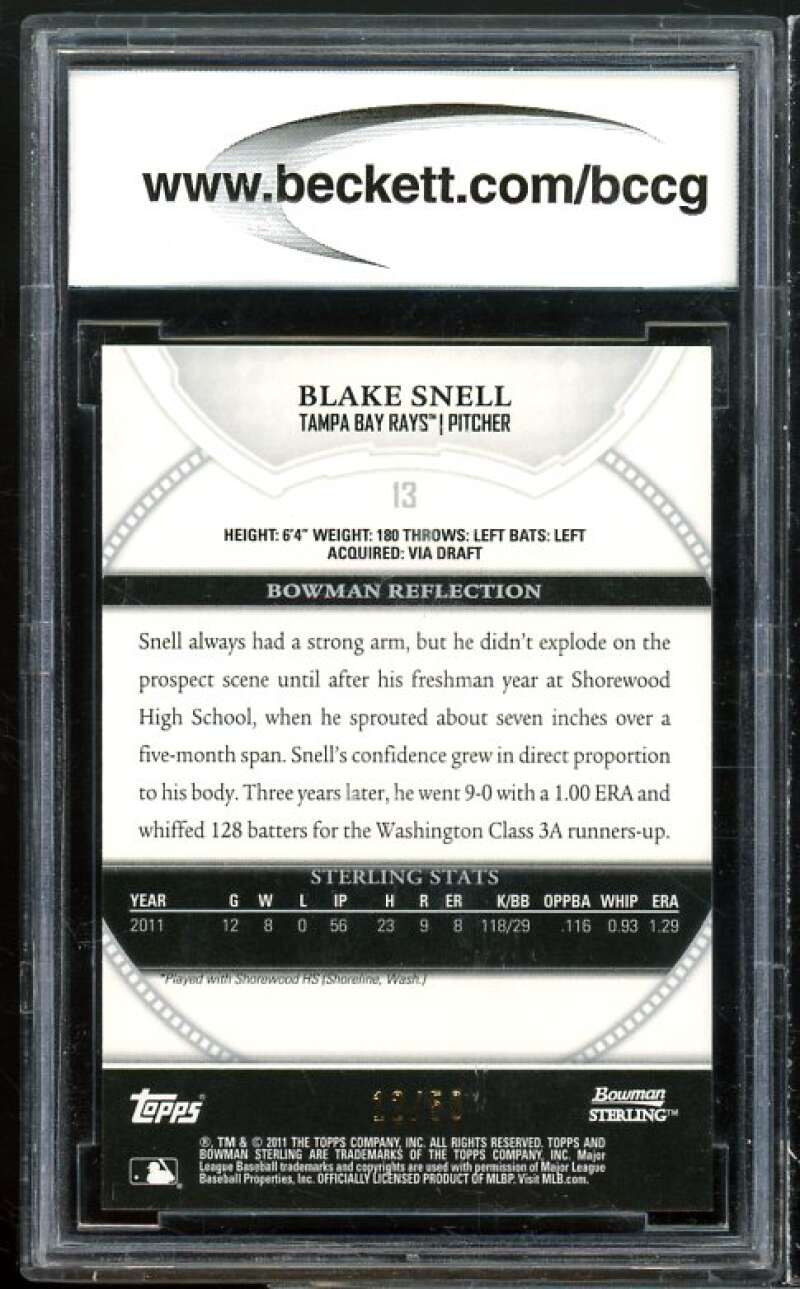 2011 Bowman Sterling Pros Gold Refractors #13 Blake Snell RC BGS BCCG 10 Mint+ Image 2