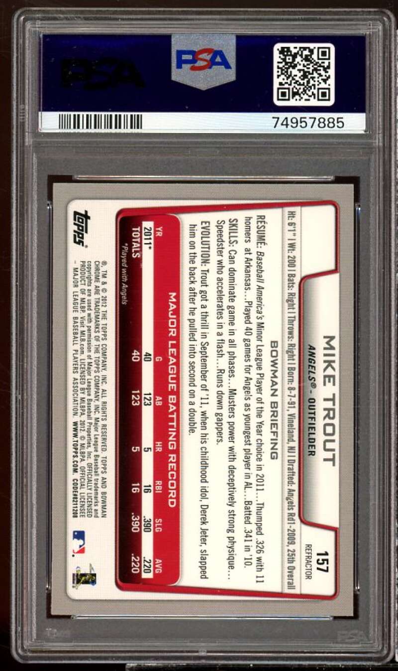 Mike Trout Card 2012 Bowman Chrome Refractor #157 PSA 9 Image 2