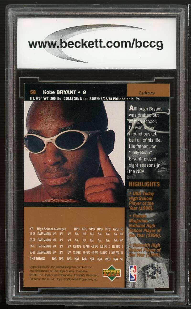 1996-97 Upper Deck #58 Kobe Bryant Rookie Card BCCG 10 Mint+ Image 2
